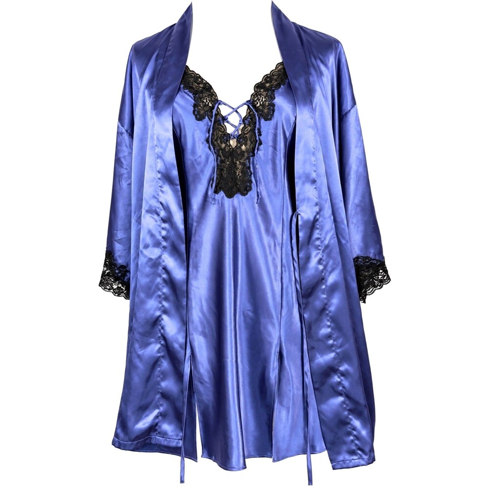 Fredericks of Hollywood Satin Lace Robe Chemise Set M Blue Whimsigoth Vintage